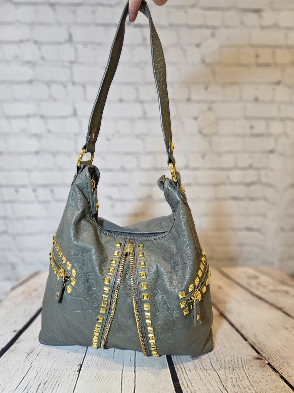 Betsey Johnson Y2K Gray Leather Studded Hobo Bag
